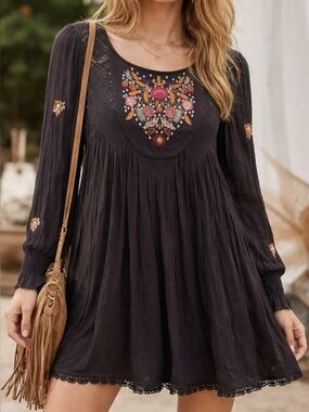 Free People Long Sleeve Embroidered Mini Black Dress Size Small